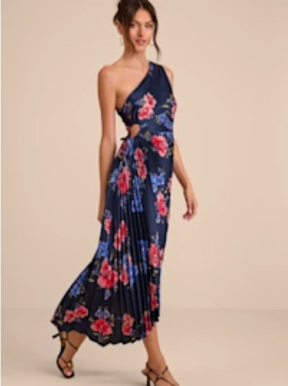 Lulu's Navy One-Shoulder Floral Pleated Maxi Dress